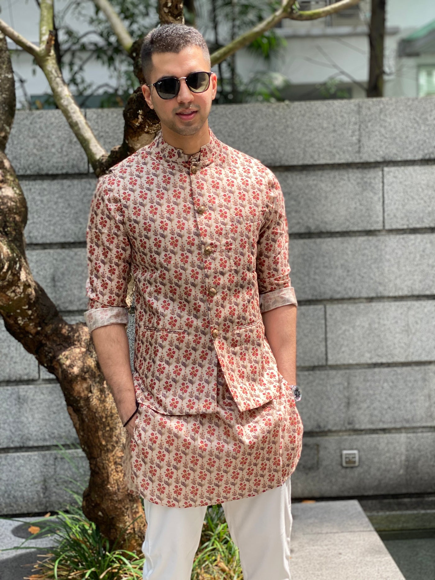 Silk Bandi with All over Floral Motifs with matching kurta and white pajama set