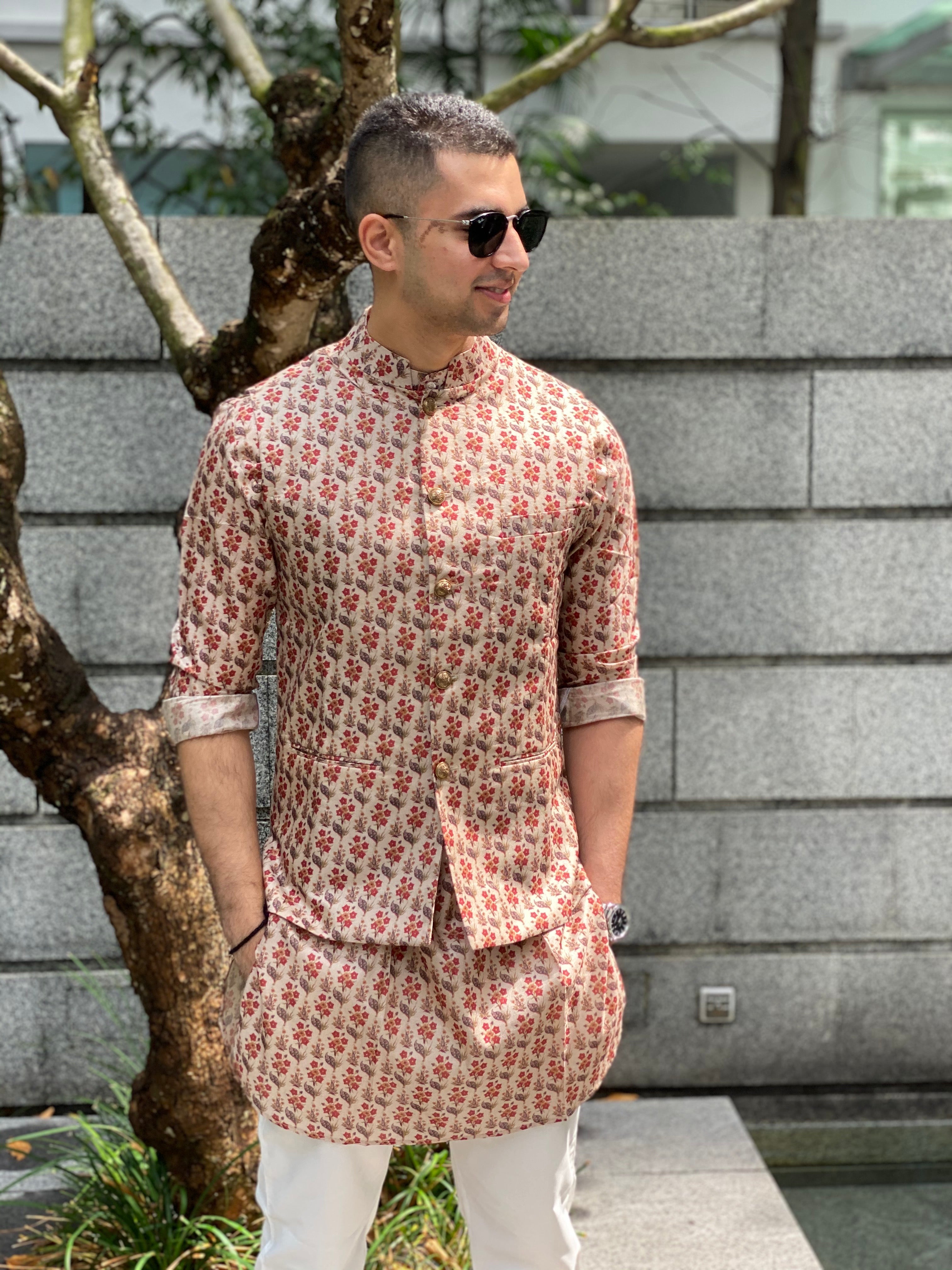 Silk Bandi with All over Floral Motifs with matching kurta and white pajama set