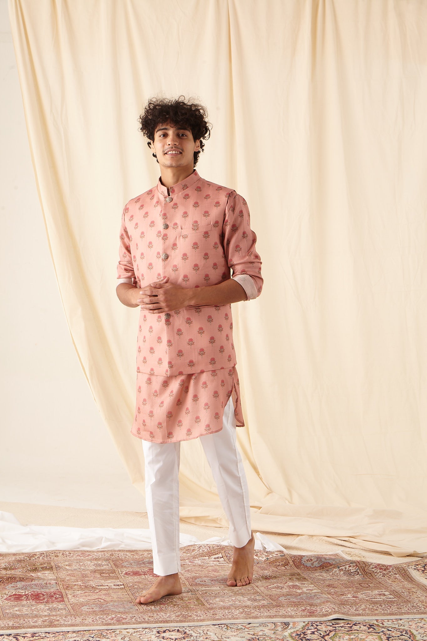 The Salmon Flora-Motif Silk Kurta Pajama Set with matching Bandi