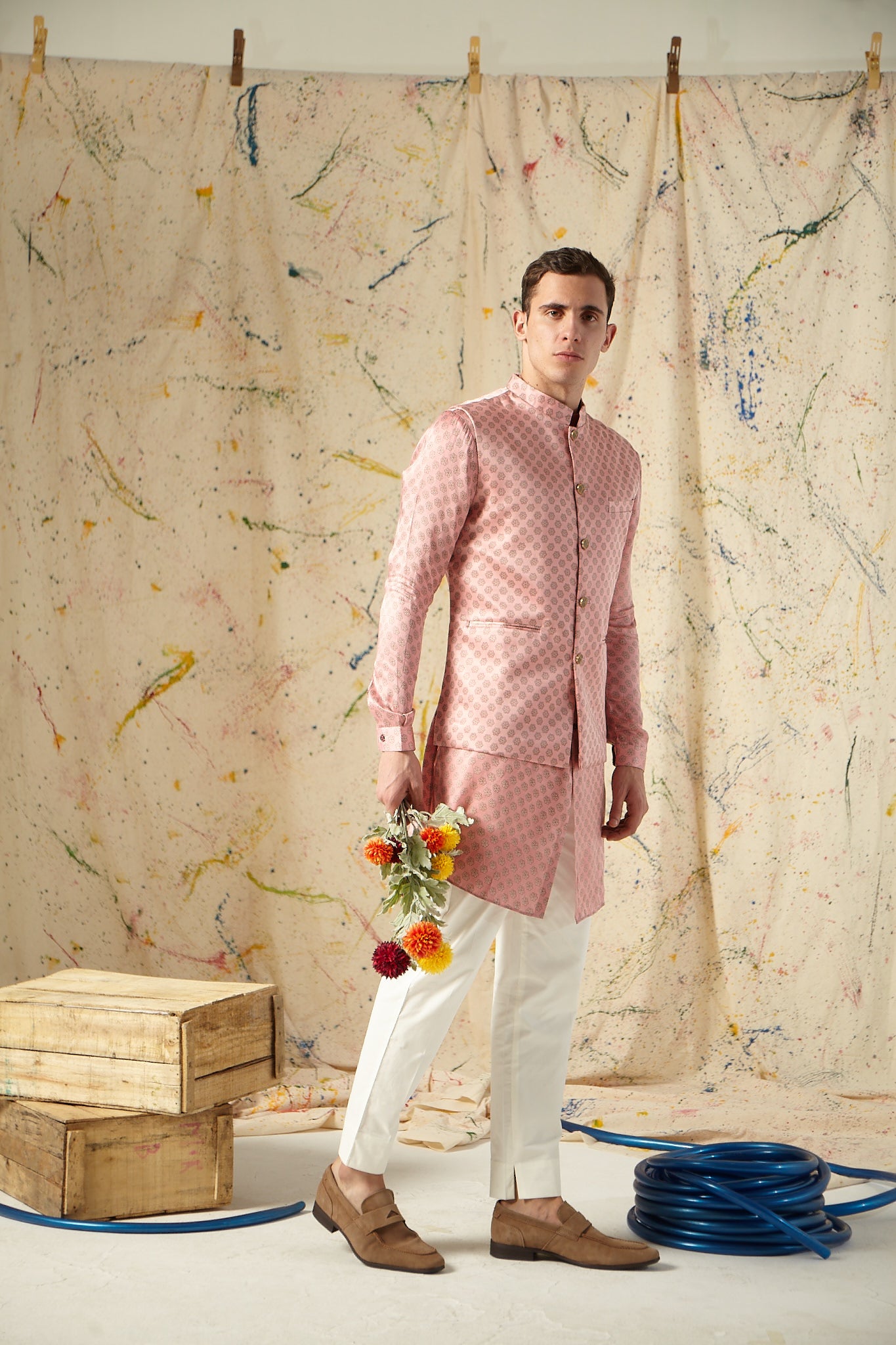 The Cherry Blossom Cotton-Silk Kurta Pajama Set with matching Bandi